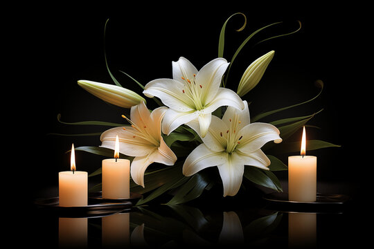 A close up of a elegant white lily petal on softly glowing candle background designed for memorial or sympathy cards, ample space for text