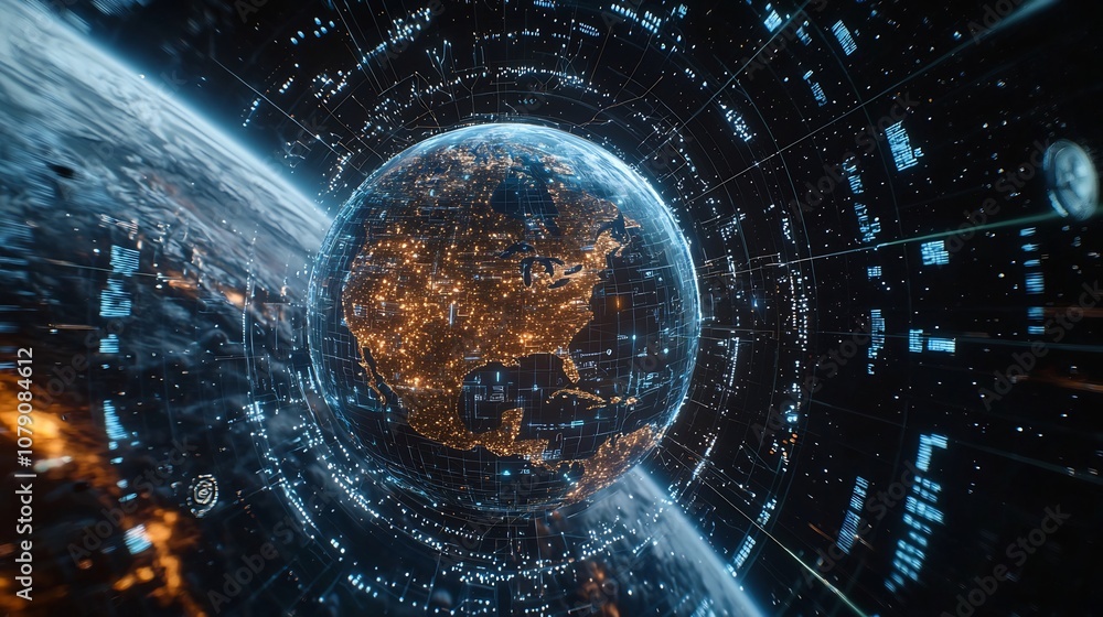 Poster digital view of earth surrounded by satellite grid symbolizing global communication and space techno
