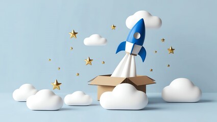 A blue rocket launching from a cardboard box surrounded by soft clouds and shining stars, set against a light blue background.