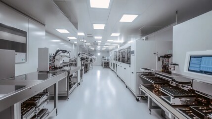 Obraz premium A clean, high-tech laboratory equipped with advanced robotics and machinery, representing modern technology, automation, and precision in a controlled environment. 