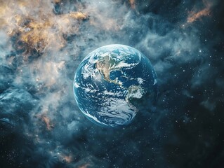 Dreamlike Cosmic Embrace of Planet Earth Amidst Swirling Nebulae and Clouds
