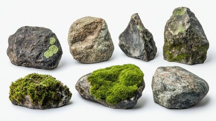 Fototapeta premium different types of stones with green moss isolated on white
