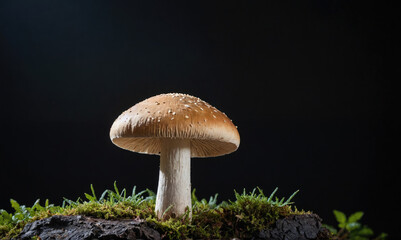 A single mushroom stands tall on a bed of moss against a dark background