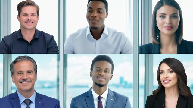 Group of diverse professionals posing with confident smiles, framed individually in a split-screen setup, against a bright office background.