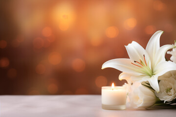 A close up of a elegant white lily petal on softly glowing candle background designed for memorial or sympathy cards, ample space for text