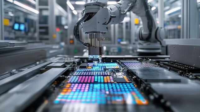 A robotic arm working in a factory full of automated equipment assembling microchips and producing advanced semiconductors in a high-tech manufacturing environment.