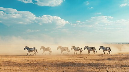 Zebra Herd Searching for Water in Shimmering Desert Mirage