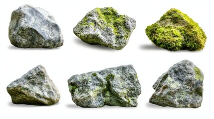 Fototapeta premium different types of stones with green moss isolated on white