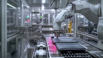 A robotic arm working in a factory full of automated equipment assembling microchips and producing advanced semiconductors in a high-tech manufacturing environment.