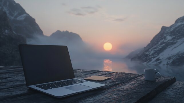A Laptop and Mobile on a Wooden Table with Sunrise and Mountains in the Background