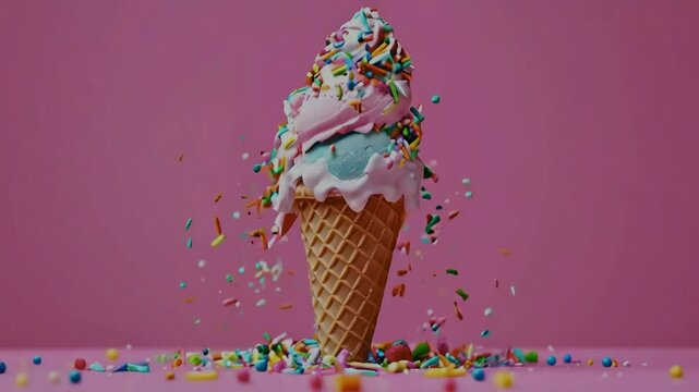 A melting ice cream cone with sprinkles and candy on a pink background.