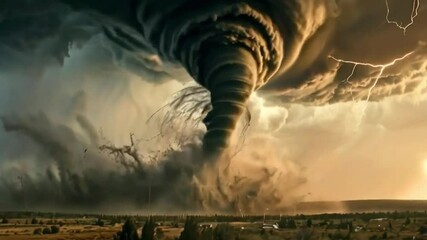 A powerful tornado touches down in a rural area, with lightning flashing in the distance. - Powered by Adobe