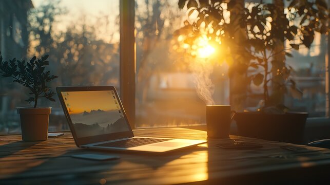 A Laptop and Mobile on a Wooden Table with Sunrise and Mountains in the Background