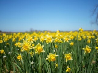 Obraz premium Vibrant yellow daffodil flowers blooming in a vast field under the clear blue sky, outdoor, nature, meadow