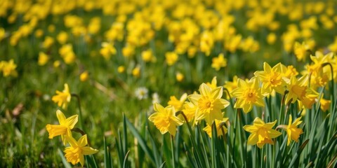 Fototapeta premium Vibrant yellow daffodil flowers swaying in a sunlit field, floral, yellow, peaceful