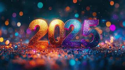 The inscription "2025" made from a bright spark of sparklers. This symbolizes the celebration of the New Year.