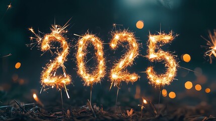 The inscription "2025" made from a bright spark of sparklers. This symbolizes the celebration of the New Year.