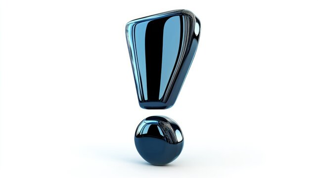 3D illustration of a shiny metallic glass exclamation point symbol featuring a dark blue color and glossy edge effect designed in a royal ancient font and isolated on a white background