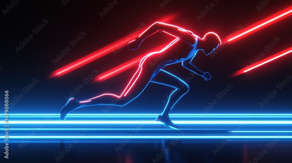 Aufkleber dynamic neon runner in motion representing speed and energy with futuristic glow on a dark backgroun