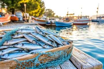 Obraz premium Fisherman with Sardines on Dock in Morning Light