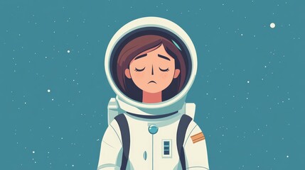 Cartoon style illustration of a sorrowful female astronaut in a flat color design