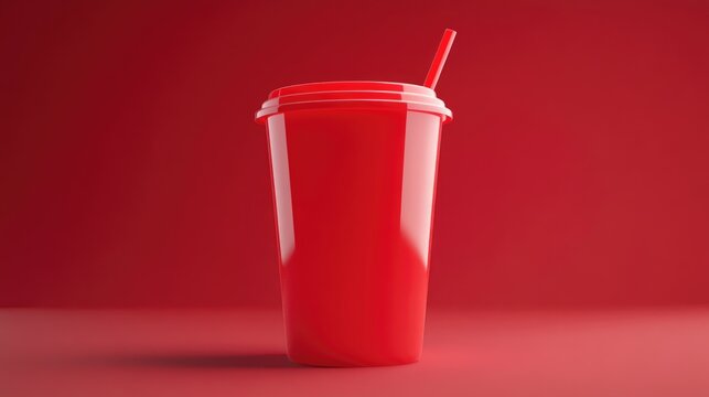 Shiny red plastic slurpee cup on a flat red background featuring a 3D rendering of a beverage container with simple color design
