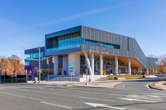 DURHAM, NC, USA-1 DECEMBER 2022: Durham County Main Library, corner of Roxboro and Liberty.