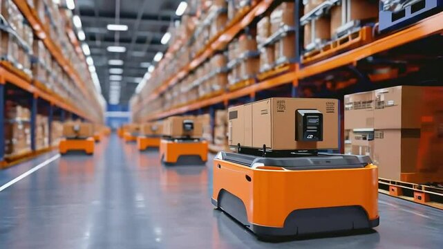 Automated guided vehicle (AGV) transporting a cardboard box in a warehouse with high shelves.