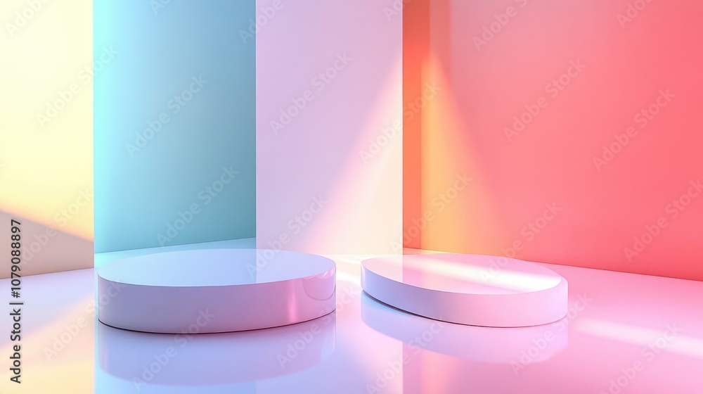 Poster 3d rendered two flat elliptical podiums on the floor featuring geometric shapes as platforms for pro