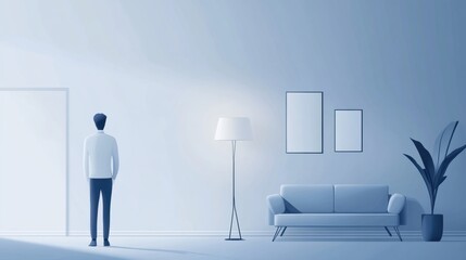 Modern Minimalist Living Space with Soft Blue Tones Featuring a Man Reflecting in a Calm and Serene Atmosphere