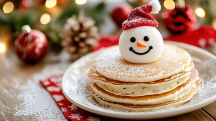 Fluffy pancakes adorned with a cheerful snowman marshmallow, perfect for festive breakfast celebrations during the holiday season, creating a cozy ambiance