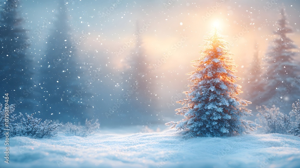 Poster tranquil winter wonderland with snow-covered pine tree surrounded by soft light and falling snowflak
