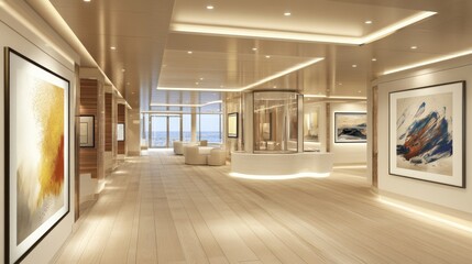 Obraz premium A modern, spacious, and well-lit hallway with hardwood floors, large windows, and artwork on the walls.