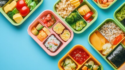 Colorful and Delicious Asian Bento Boxes Featuring Fresh Ingredients, Sushi, Fruits, and Vegetables Arranged on a Blue Background for Culinary Inspiration