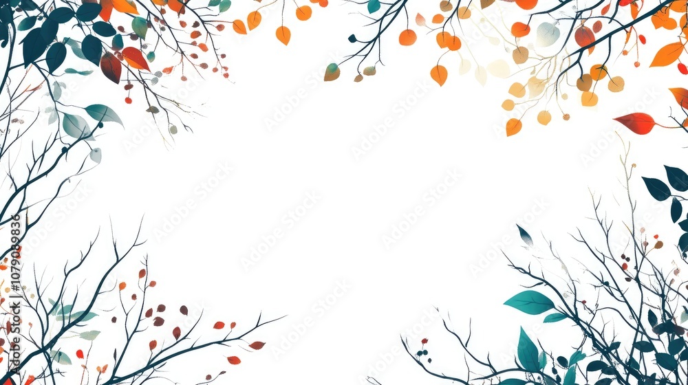 Poster vertical card template adorned with a border of vibrant translucent tree branches and leaves set aga