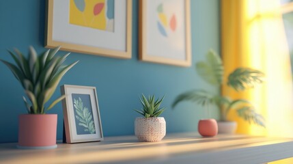 3D illustration and rendering of a workspace featuring a decorated table picture frames and small plant pots
