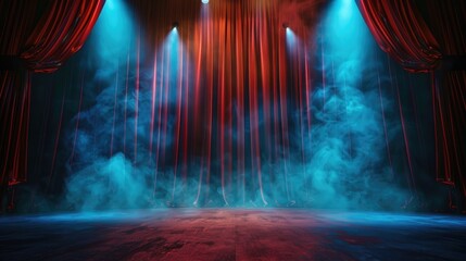 Obraz premium horizontal banner, world theater day, red open wings in the spotlight, old empty theater stage in smoke, mysterious and magical atmosphere, copy space, free space for text