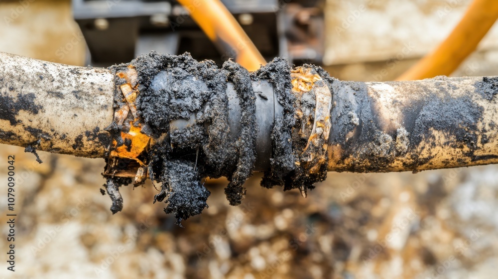 Poster close-up of a corroded pipe with black residue showing signs of wear and tear from age and environme