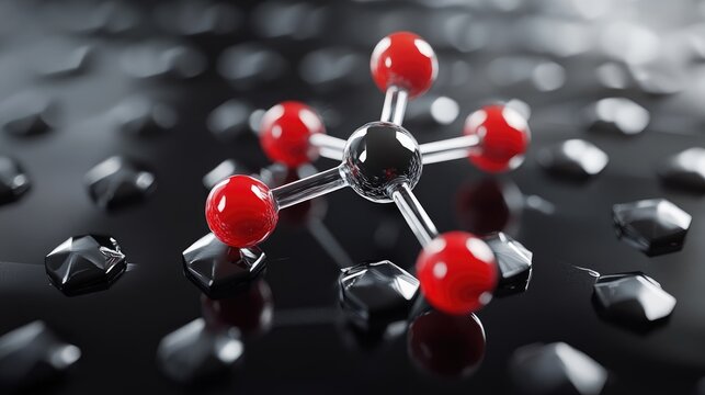 3D molecular structure model of carbon tetrachloride featuring a flat depiction of its chemical formula as observed under a microscope