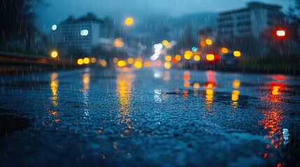 Rain-soaked city street at night with blurred lights reflecting in puddles.