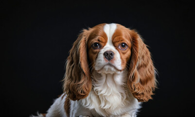A small, brown and white dog with long fur stares intently at the camera against a black background
