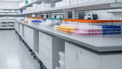 Pharmaceuticals, Personalized Medicine. A clean laboratory environment featuring organized shelves with colorful containers and medical supplies arranged on countertops.