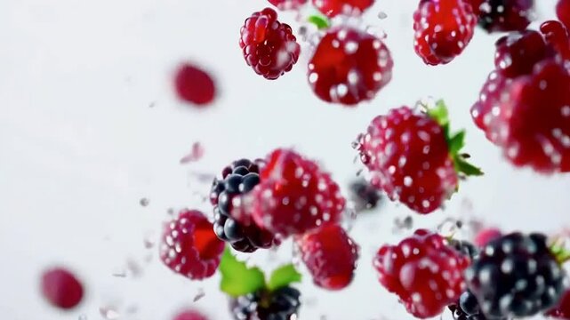 Closeup of blackberries and raspberries falling through water with water droplets.