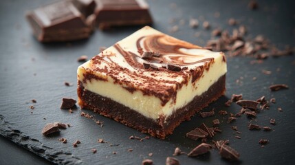A tempting slice of chocolate marble cheesecake rests on a dark slate surface, adorned with chocolate shavings and pieces. The rich, creamy dessert features a blend of chocolate and vanilla layers.