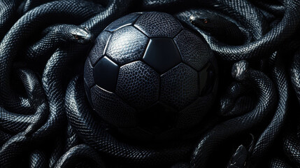Black snakes coiling around soccer ball in dark setting