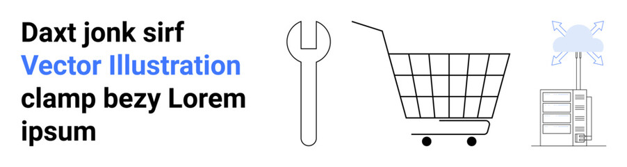 Shopping cart on wheels, wrench, and wind turbine with text elements in assorted colors. Ideal for e-commerce, tools, renewable energy, minimalism-themed designs, technical documents, educational