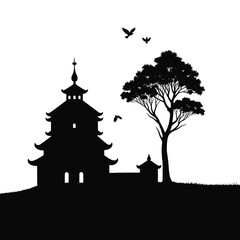 A silhouette of a classical building with layered rooftops, next to a tall tree with sprawling branches and leaves, with several birds flying nearby