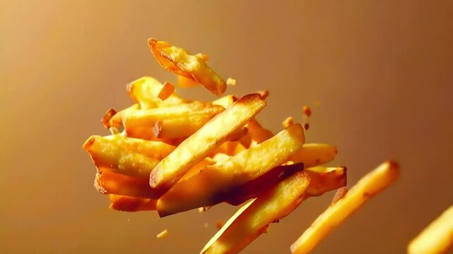 Closeup of golden french fries falling and scattering against a brown background.
