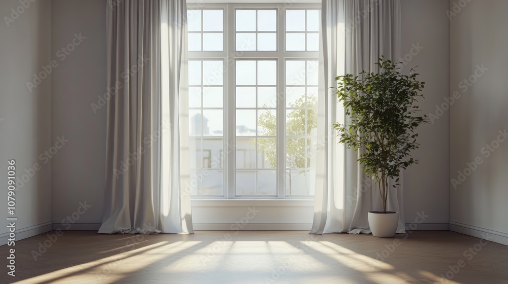 Poster minimalist scandinavian interior featuring a spacious room with a large window adorned with curtains