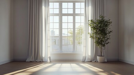 Fototapeta premium Minimalist Scandinavian interior featuring a spacious room with a large window adorned with curtains 3D visualization of a home environment